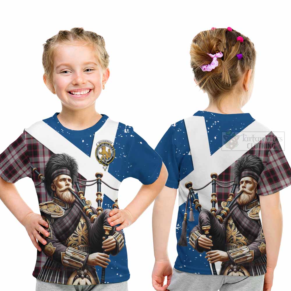 Tartan Vibes Clothing MacPherson (McPherson) Tartan Kid T-Shirt with Family Crest Scottish Bagpiper Vibes