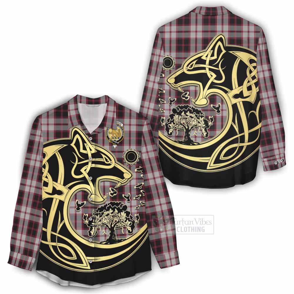 Tartan Vibes Clothing MacPherson (McPherson) Tartan Women's Casual Shirt with Family Crest Celtic Wolf Style