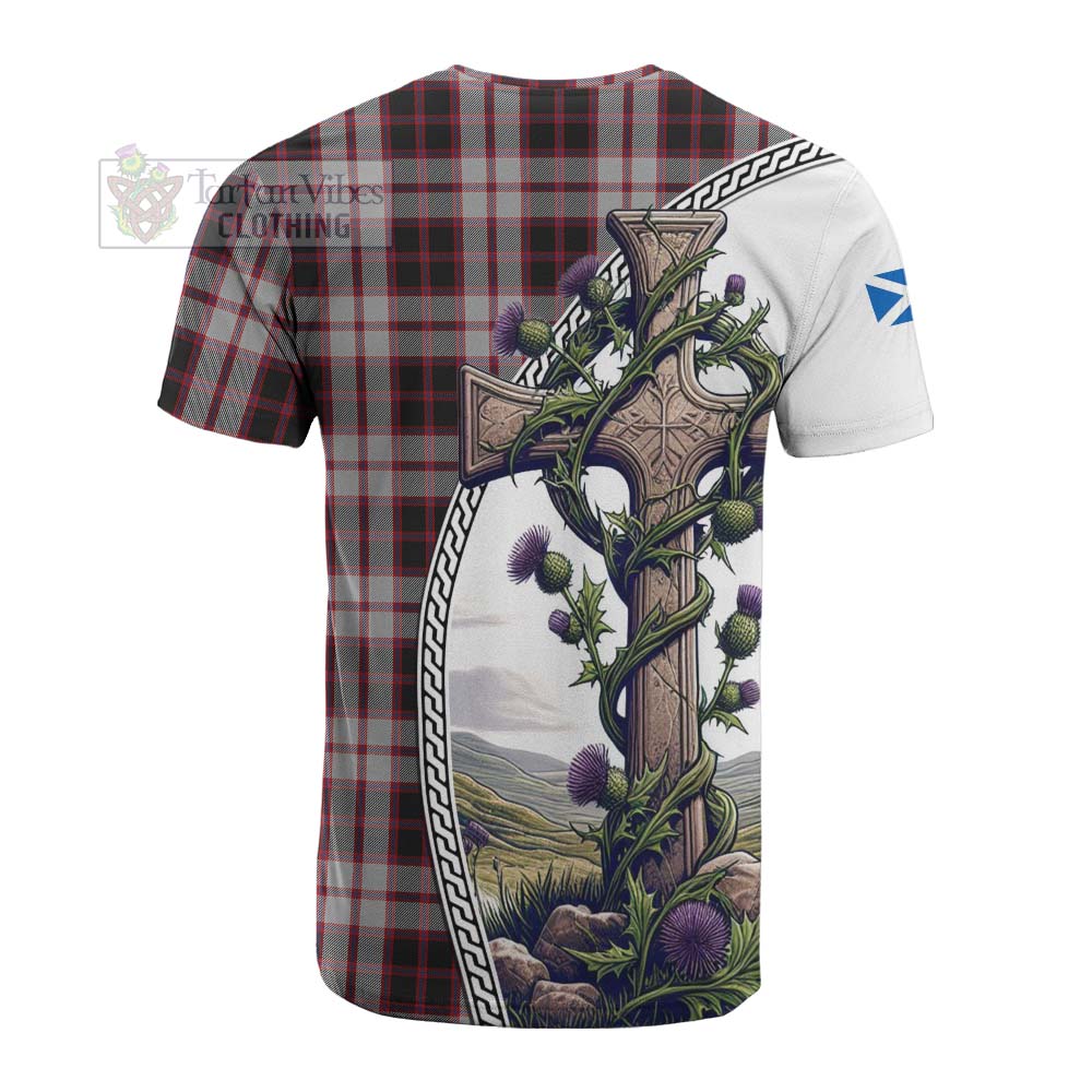 Tartan Vibes Clothing MacPherson (McPherson) Tartan Cotton T-shirt with Family Crest and St. Andrew's Cross Accented by Thistle Vines