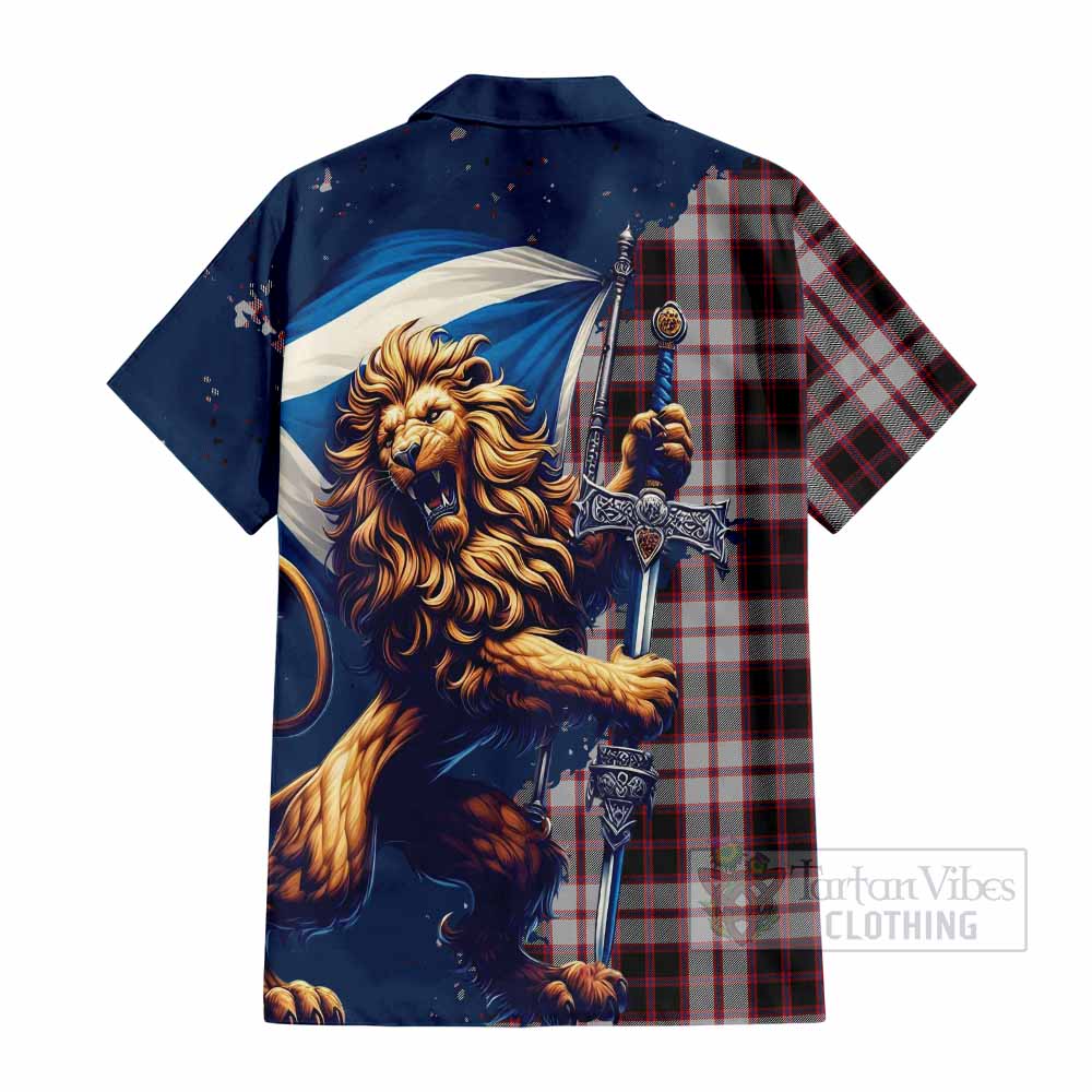 Tartan Vibes Clothing MacPherson (McPherson) Tartan Family Crest Short Sleeve Button Shirt with Scottish Majestic Lion