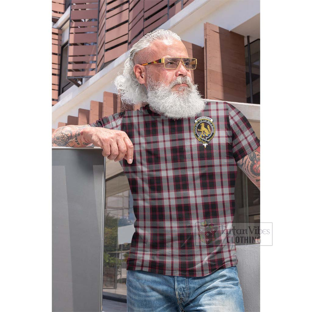 Tartan Vibes Clothing MacPherson (McPherson) Tartan Cotton T-shirt with Family Crest and Bearded Skull Holding Bottles of Whiskey