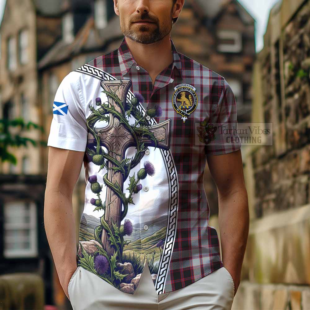 Tartan Vibes Clothing MacPherson (McPherson) Tartan Short Sleeve Button Shirt with Family Crest and St. Andrew's Cross Accented by Thistle Vines