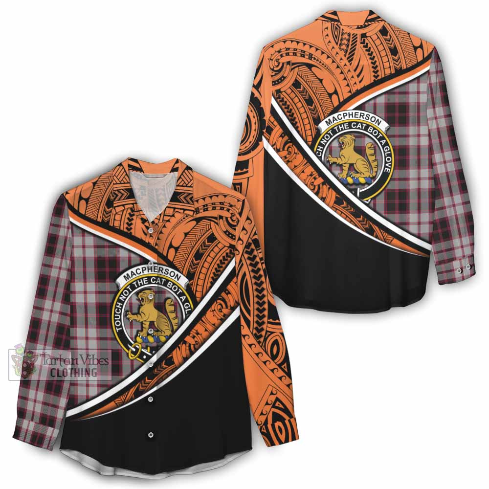 Tartan Vibes Clothing MacPherson (McPherson) Crest Tartan Women's Casual Shirt with Maori Tattoo Style - Orange Version