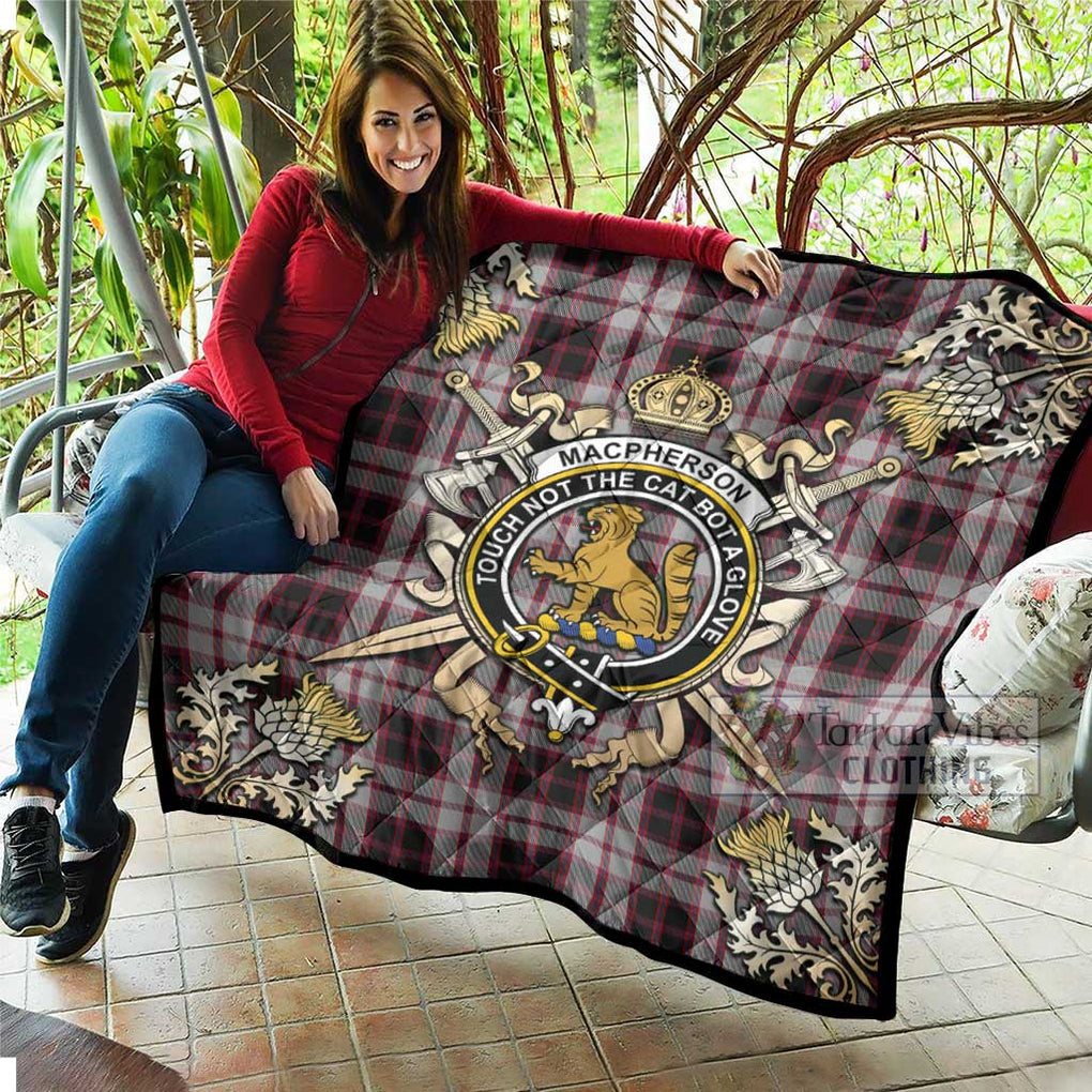 Tartan Vibes Clothing MacPherson (McPherson) Tartan Quilt with Family Crest and Scottish Golden Courage Shield