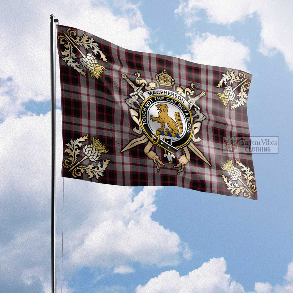 Tartan Vibes Clothing MacPherson (McPherson) Tartan Flag with Family Crest and Golden Thistle Crossed Sword Design