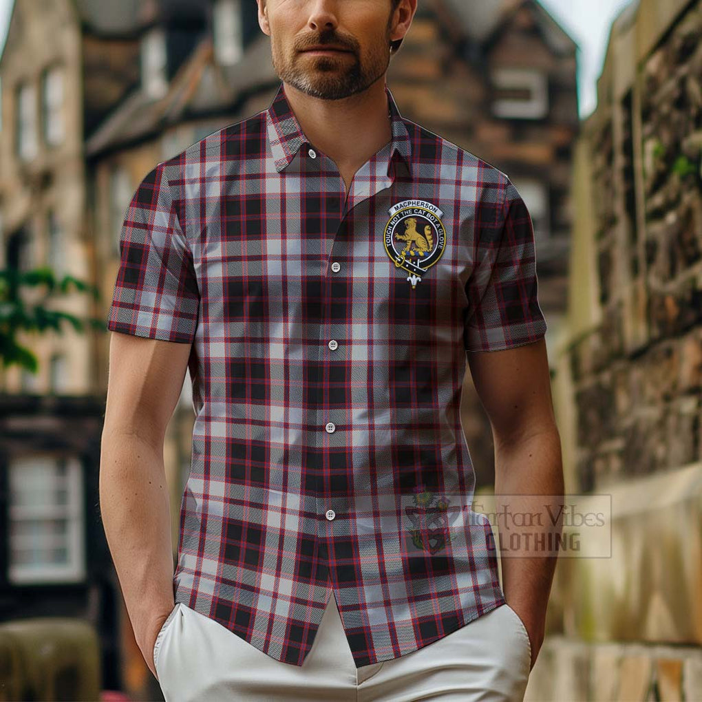 Tartan Vibes Clothing MacPherson (McPherson) Tartan Short Sleeve Button Shirt with Family Crest Celtic Skull Style