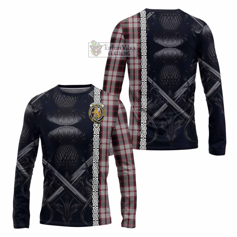 Tartan Vibes Clothing MacPherson (McPherson) Tartan Long Sleeve T-Shirt with Family Crest Cross Sword Thistle Celtic Vibes