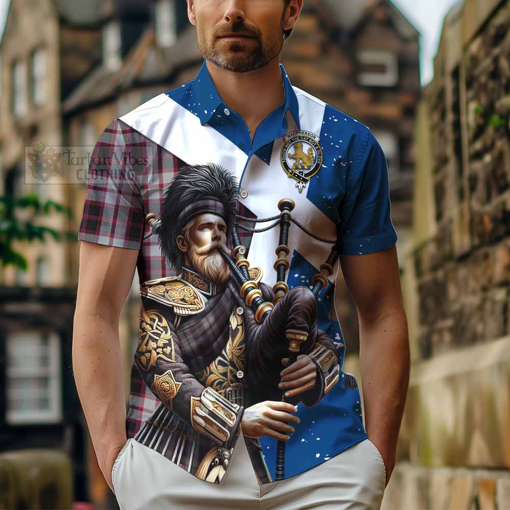 Tartan Vibes Clothing MacPherson (McPherson) Tartan Short Sleeve Button Shirt with Family Crest Scottish Bagpiper Vibes