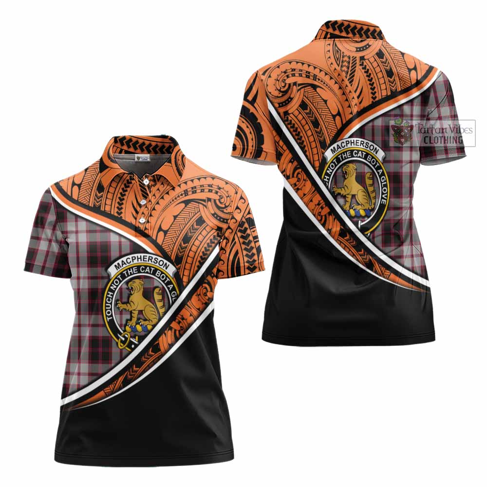 Tartan Vibes Clothing MacPherson (McPherson) Crest Tartan Women's Polo Shirt with Maori Tattoo Style - Orange Version