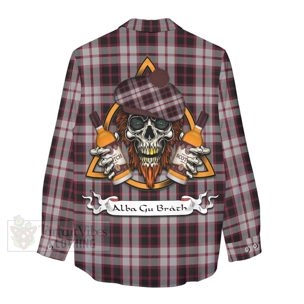 Tartan Vibes Clothing MacPherson (McPherson) Tartan Women's Casual Shirt with Family Crest and Bearded Skull Holding Bottles of Whiskey