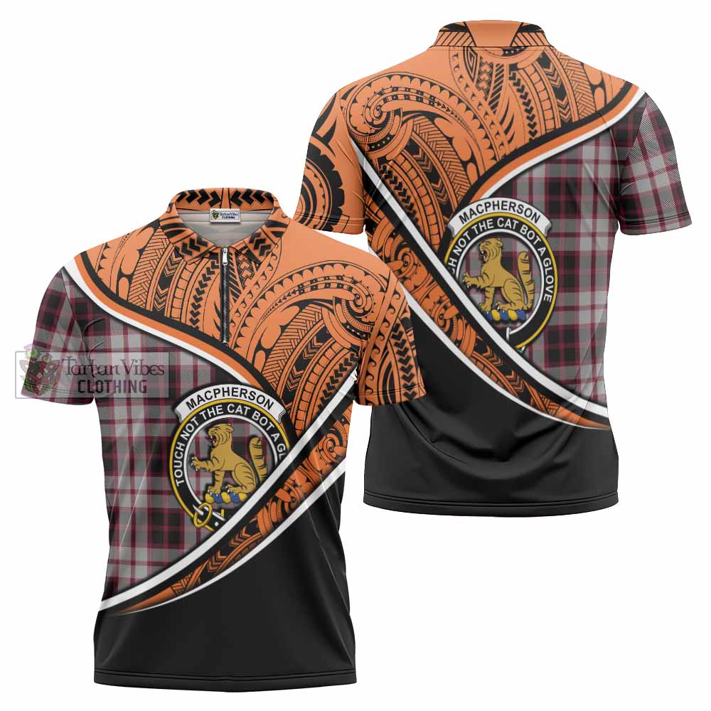 Tartan Vibes Clothing MacPherson (McPherson) Crest Tartan Zipper Polo Shirt with Maori Tattoo Style - Orange Version