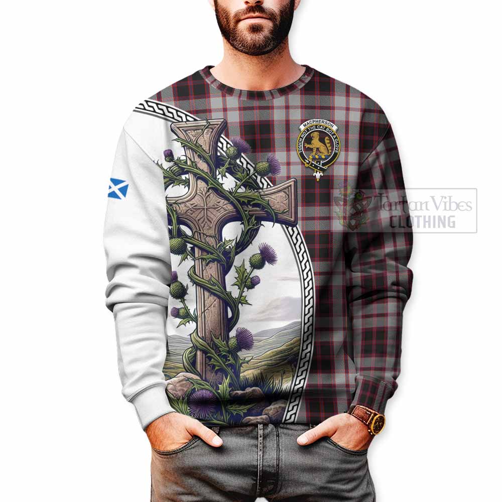 Tartan Vibes Clothing MacPherson (McPherson) Tartan Sweatshirt with Family Crest and St. Andrew's Cross Accented by Thistle Vines