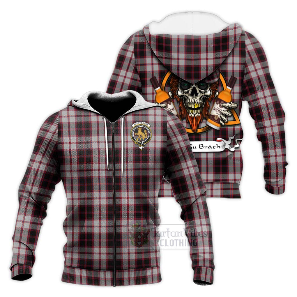 Tartan Vibes Clothing MacPherson (McPherson) Tartan Knitted Hoodie with Family Crest and Bearded Skull Holding Bottles of Whiskey