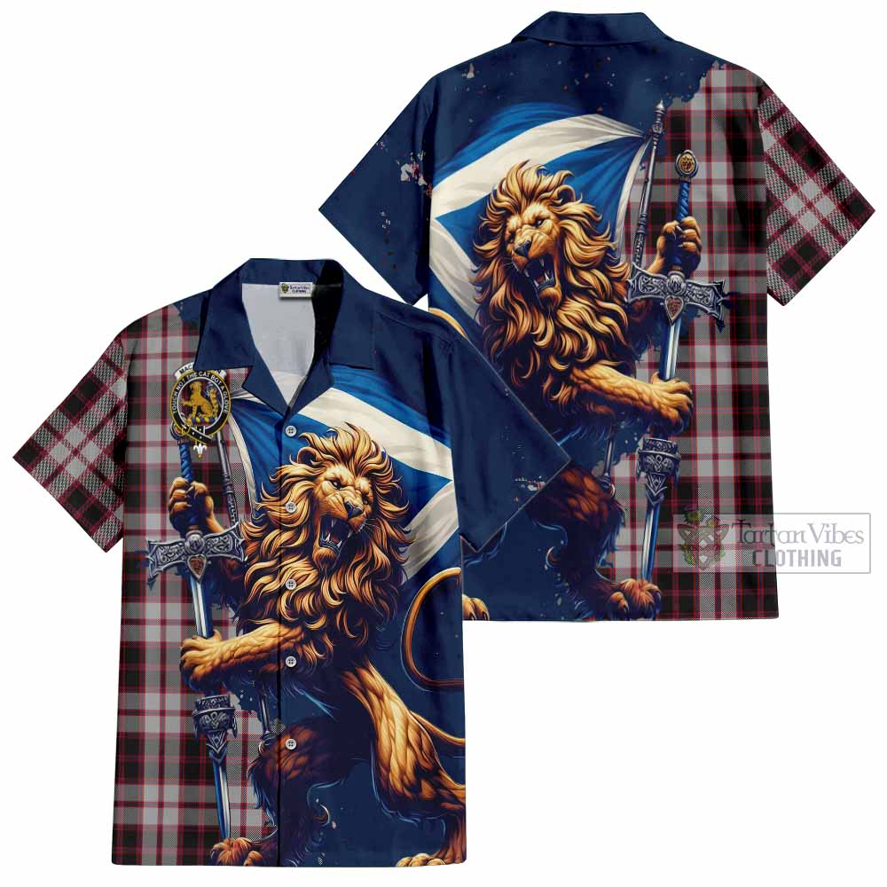 Tartan Vibes Clothing MacPherson (McPherson) Tartan Family Crest Short Sleeve Button Shirt with Scottish Majestic Lion