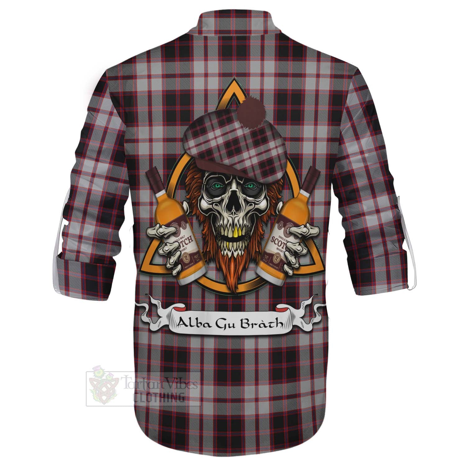 Tartan Vibes Clothing MacPherson (McPherson) Tartan Ghillie Kilt Shirt with Family Crest and Bearded Skull Holding Bottles of Whiskey