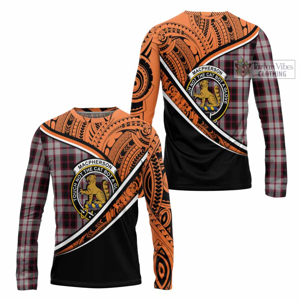 Tartan Vibes Clothing MacPherson (McPherson) Crest Tartan Long Sleeve T-Shirt with Maori Tattoo Style - Orange Version