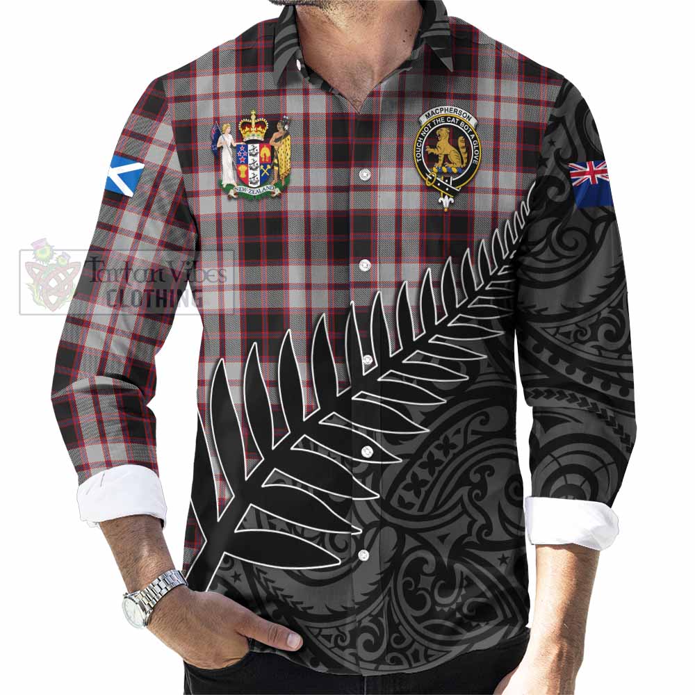 Tartan Vibes Clothing MacPherson (McPherson) Crest Tartan Long Sleeve Button Shirt with New Zealand Silver Fern Half Style