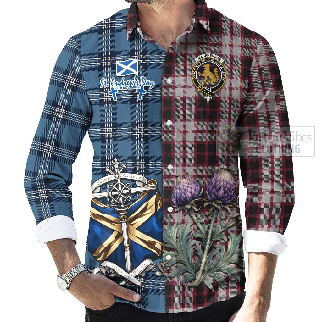 Tartan Vibes Clothing MacPherson (McPherson) Tartan Long Sleeve Button Shirt Happy St. Andrew's Day Half Tartan Style