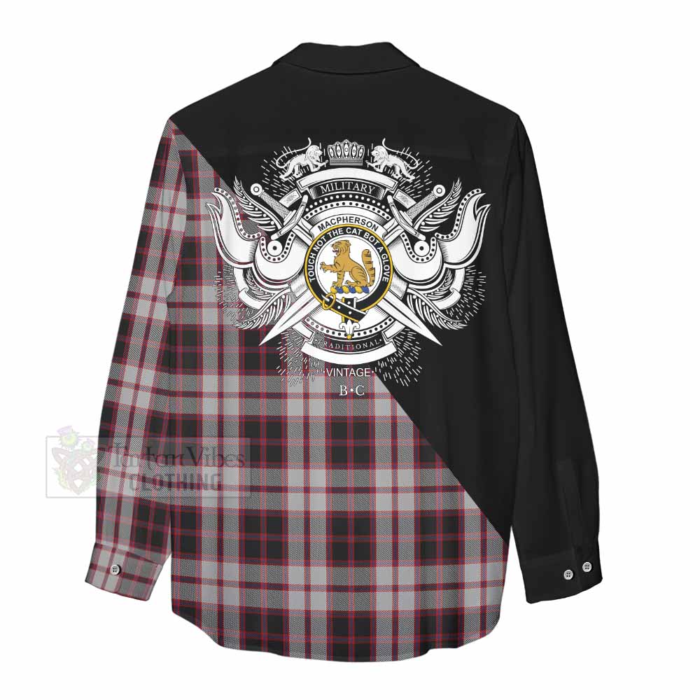 Tartan Vibes Clothing MacPherson (McPherson) Tartan Women's Casual Shirt with Family Crest and Military Logo Style