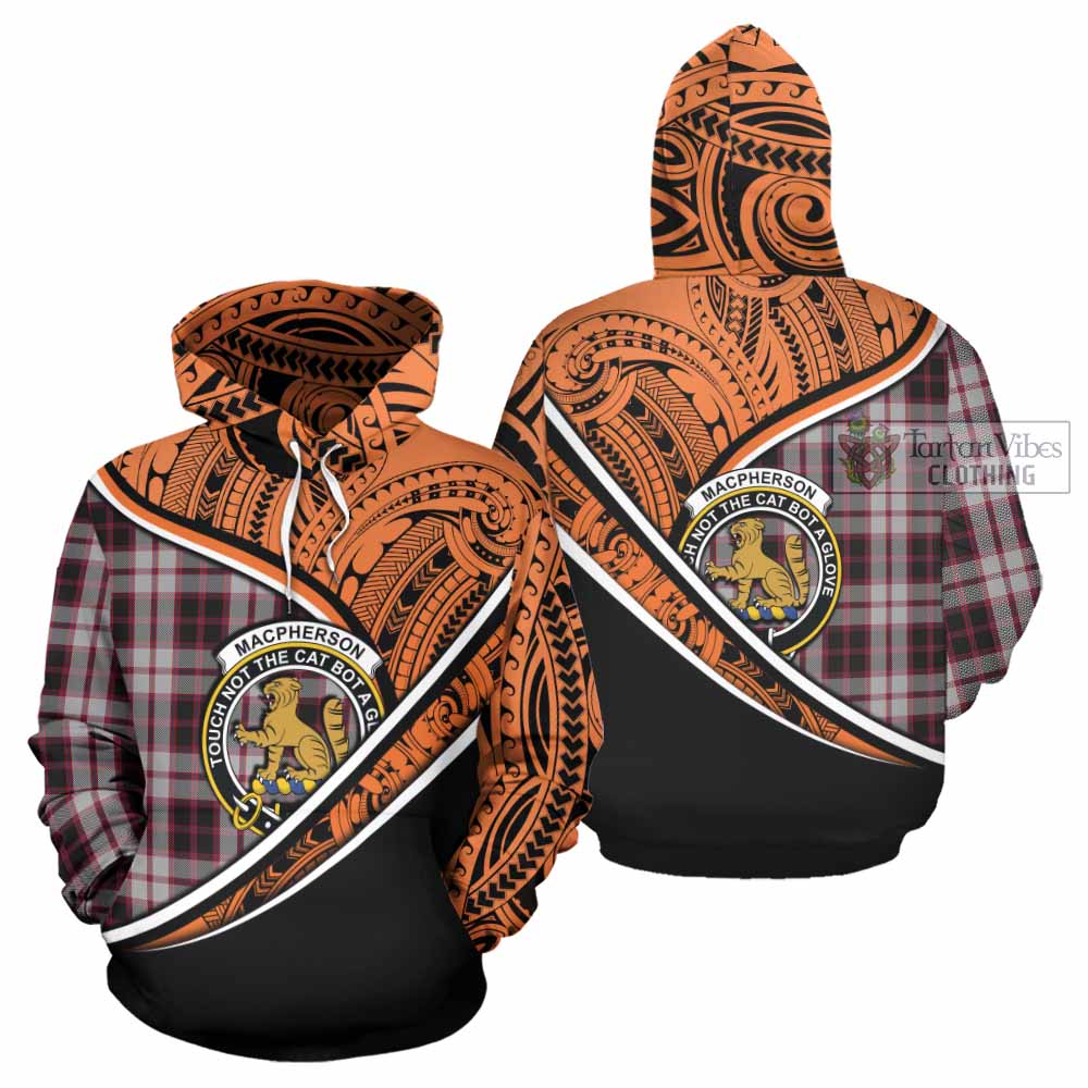 Tartan Vibes Clothing MacPherson (McPherson) Crest Tartan Hoodie with Maori Tattoo Style - Orange Version