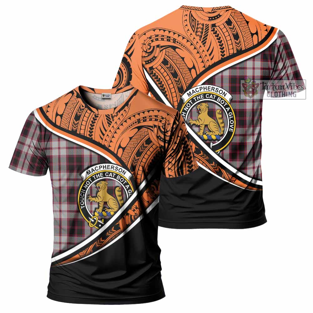 Tartan Vibes Clothing MacPherson (McPherson) Crest Tartan T-Shirt with Maori Tattoo Style - Orange Version