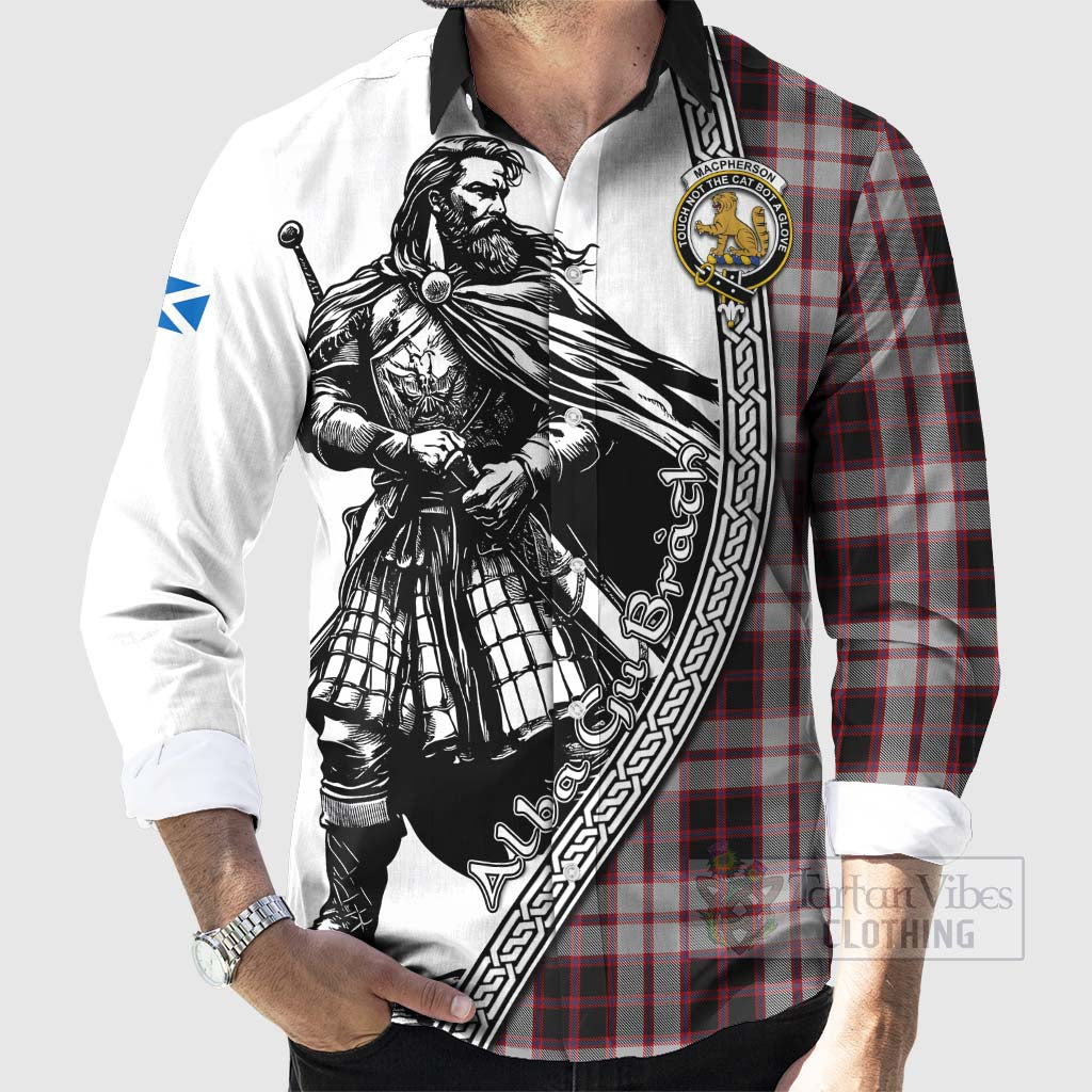 Tartan Vibes Clothing MacPherson (McPherson) Tartan Clan Crest Long Sleeve Button Shirt with Highlander Warrior Celtic Style