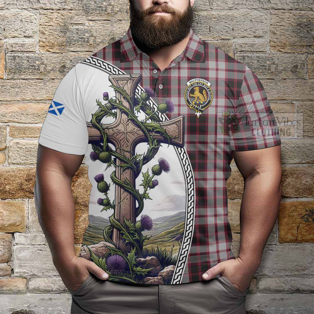 MacPherson (McPherson) Tartan Polo Shirt with Family Crest and St. Andrew's Cross Accented by Thistle Vines - Tartan Vibes Clothing