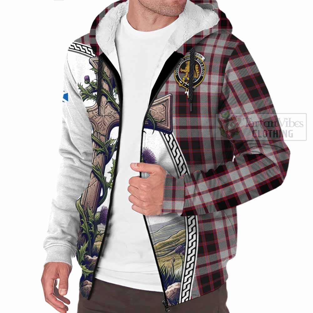 Tartan Vibes Clothing MacPherson (McPherson) Tartan Sherpa Hoodie with Family Crest and St. Andrew's Cross Accented by Thistle Vines