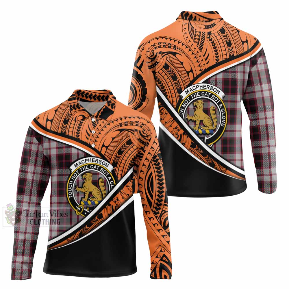 Tartan Vibes Clothing MacPherson (McPherson) Crest Tartan Long Sleeve Polo Shirt with Maori Tattoo Style - Orange Version