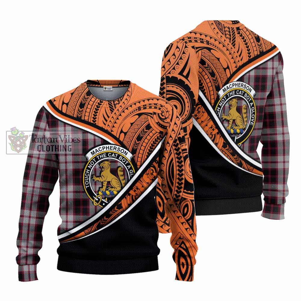 Tartan Vibes Clothing MacPherson (McPherson) Crest Tartan Knitted Sweater with Maori Tattoo Style - Orange Version