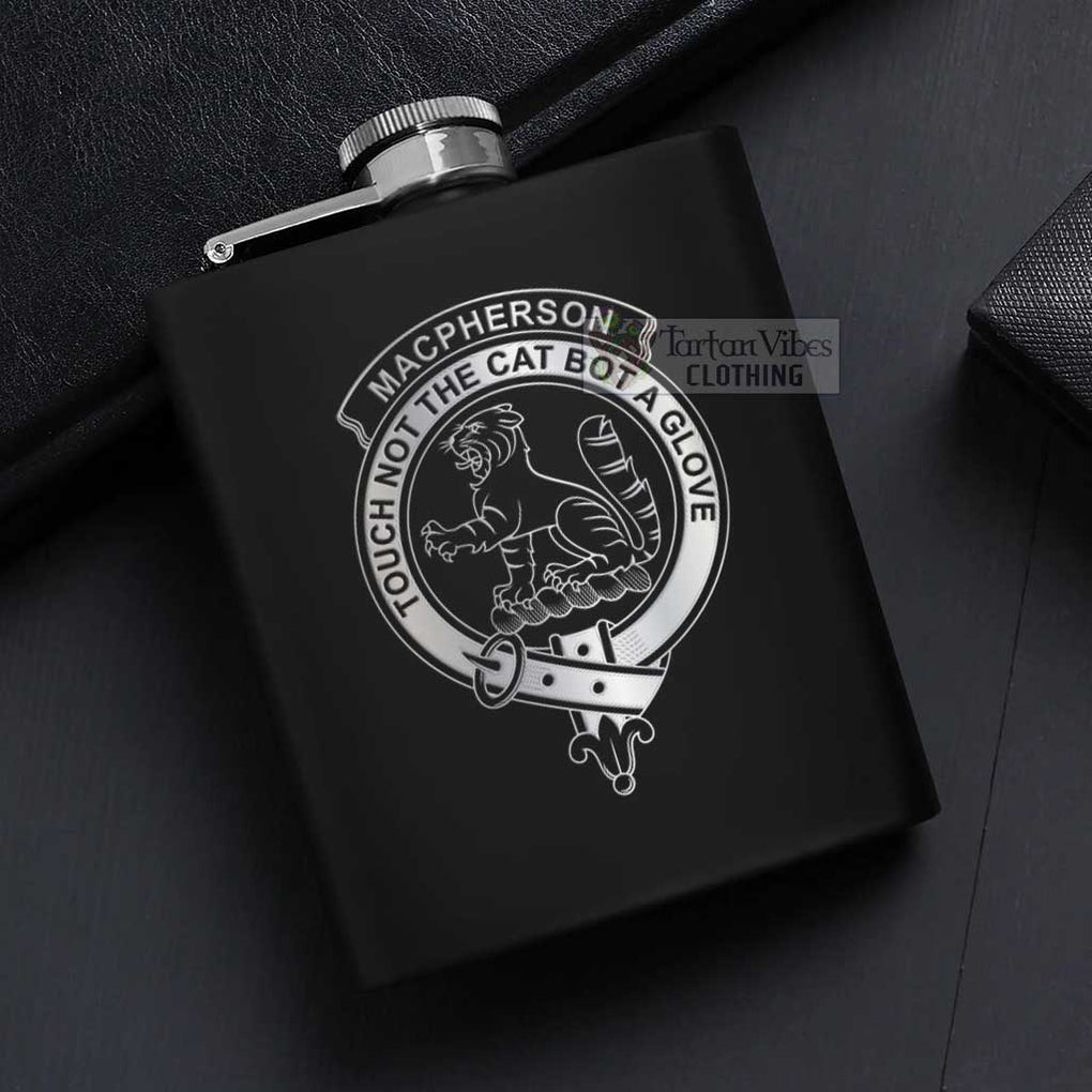 MacPherson (McPherson) Crest Hip Flask Set 7oz Black Stainless Steel with A Gift Box - 2D-tartanvibesclothing