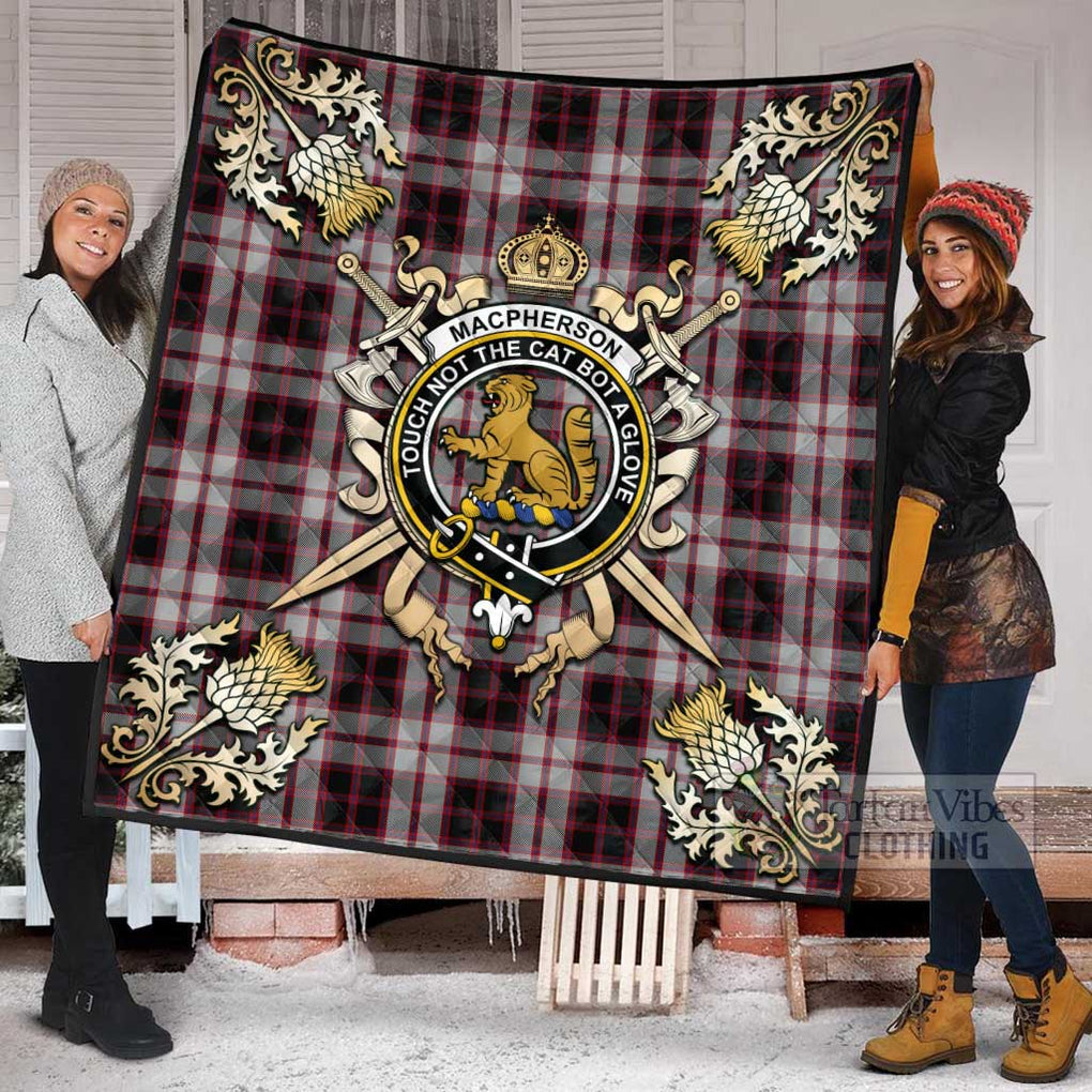 Tartan Vibes Clothing MacPherson (McPherson) Tartan Quilt with Family Crest and Scottish Golden Courage Shield