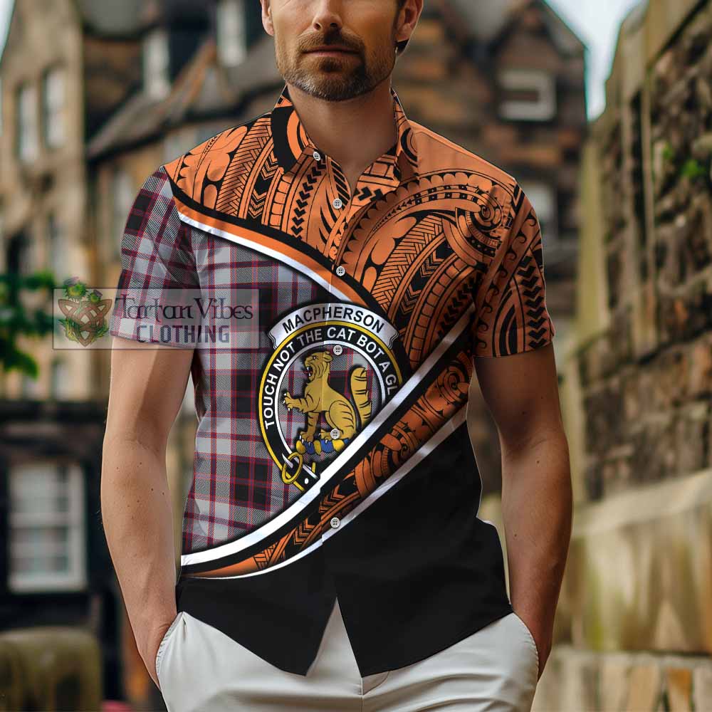 Tartan Vibes Clothing MacPherson (McPherson) Crest Tartan Short Sleeve Button Shirt with Maori Tattoo Style - Orange Version