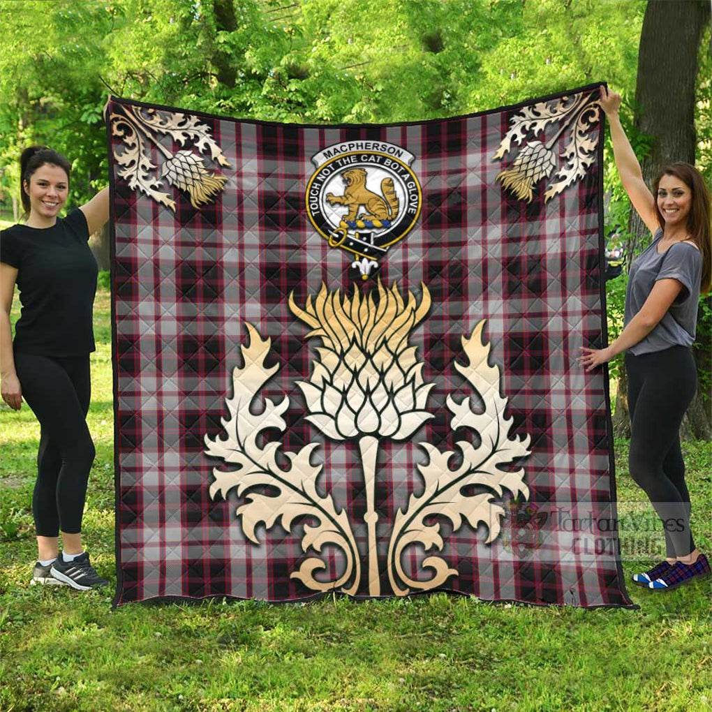 Tartan Vibes Clothing MacPherson (McPherson) Tartan Quilt with Family Crest and Golden Thistle Style