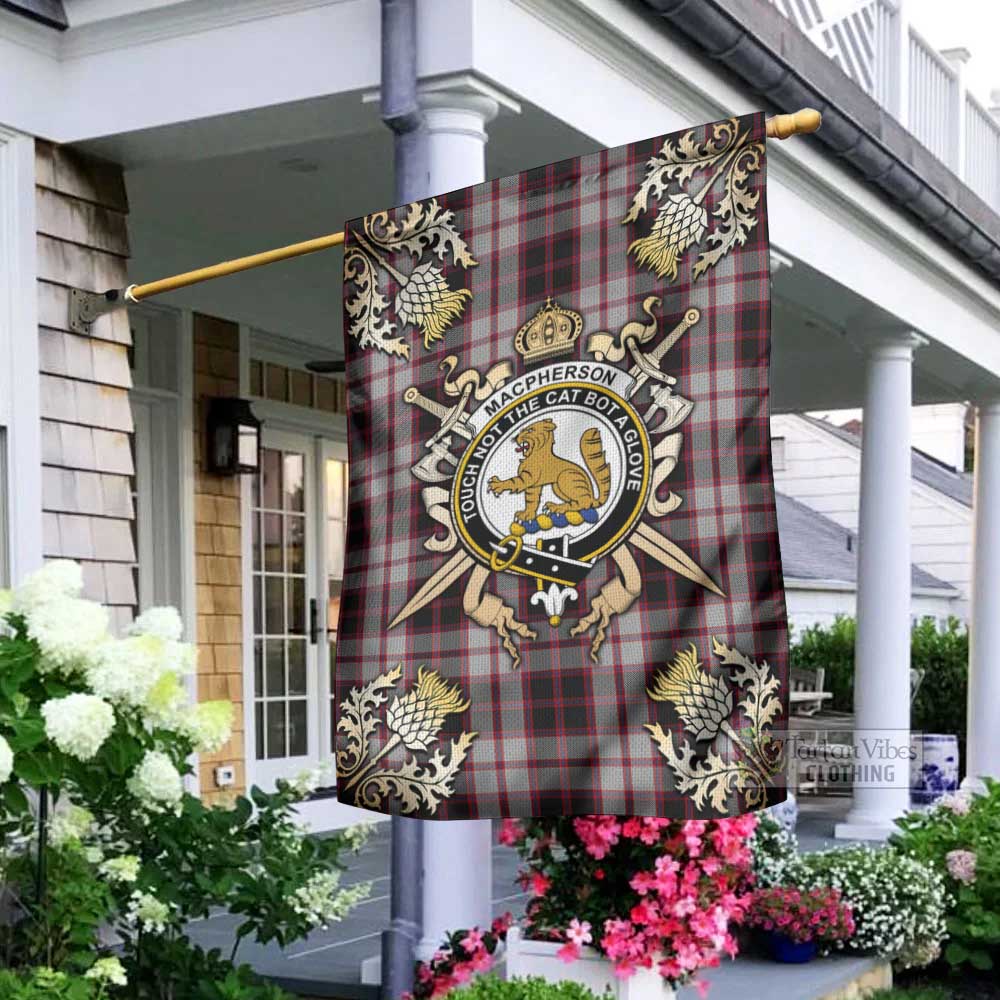 Tartan Vibes Clothing MacPherson (McPherson) Tartan Flag with Family Crest and Golden Thistle Crossed Sword Design