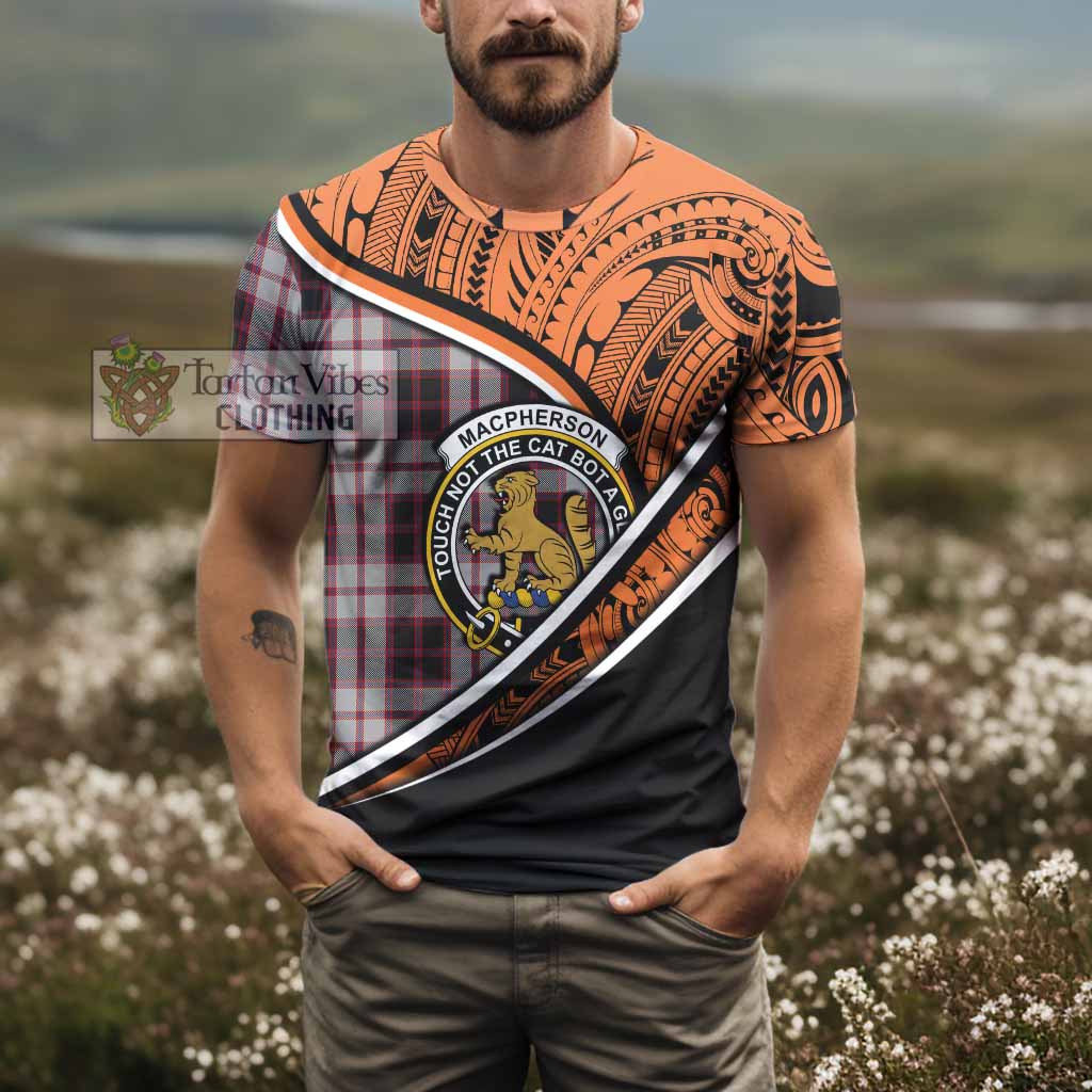 Tartan Vibes Clothing MacPherson (McPherson) Crest Tartan T-Shirt with Maori Tattoo Style - Orange Version