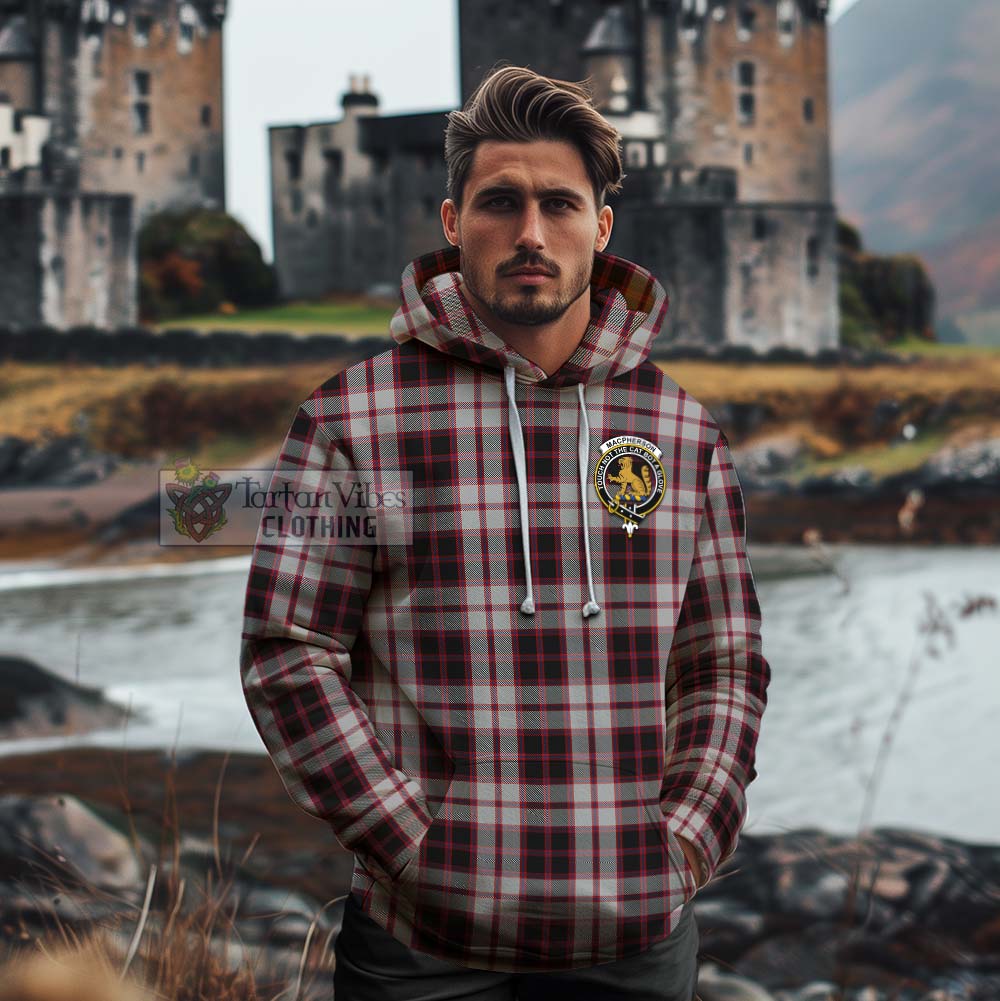 Tartan Vibes Clothing MacPherson (McPherson) Tartan Cotton Hoodie with Family Crest and Bearded Skull Holding Bottles of Whiskey