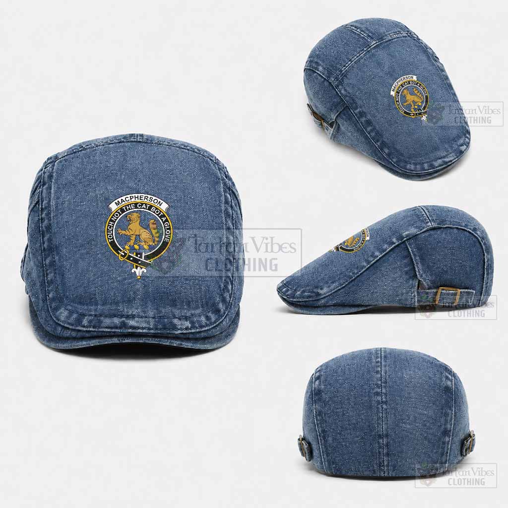 MacPherson (McPherson) Scottish Clan Crest Washed Flat Cap - Unisex Jeff Cap One Size (Adjustable) Medium Blue - Tartan Vibes Clothing