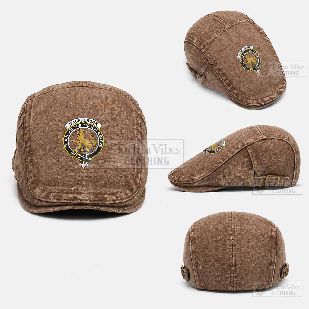 MacPherson (McPherson) Scottish Clan Crest Washed Flat Cap - Unisex Jeff Cap One Size (Adjustable) Coffee - Tartan Vibes Clothing