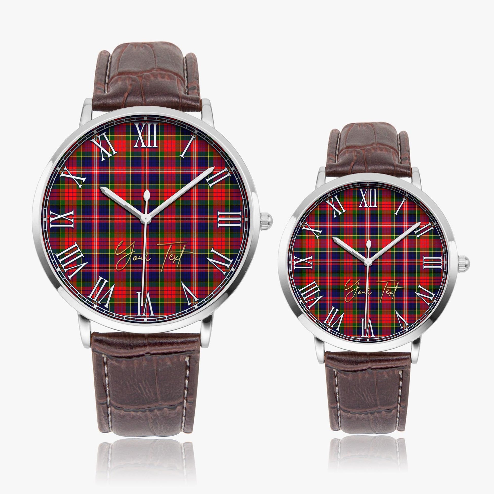 MacPherson Modern Tartan Personalized Your Text Leather Trap Quartz Watch Ultra Thin Silver Case With Brown Leather Strap - Tartanvibesclothing