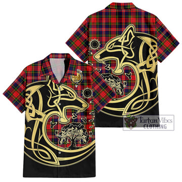 MacPherson Modern Tartan Short Sleeve Button Shirt with Family Crest Celtic Wolf Style