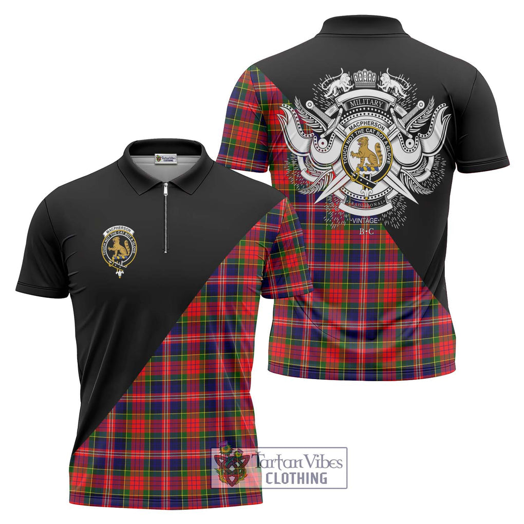 MacPherson Modern Tartan Zipper Polo Shirt with Family Crest and Military Logo Style Unisex - Tartanvibesclothing Shop