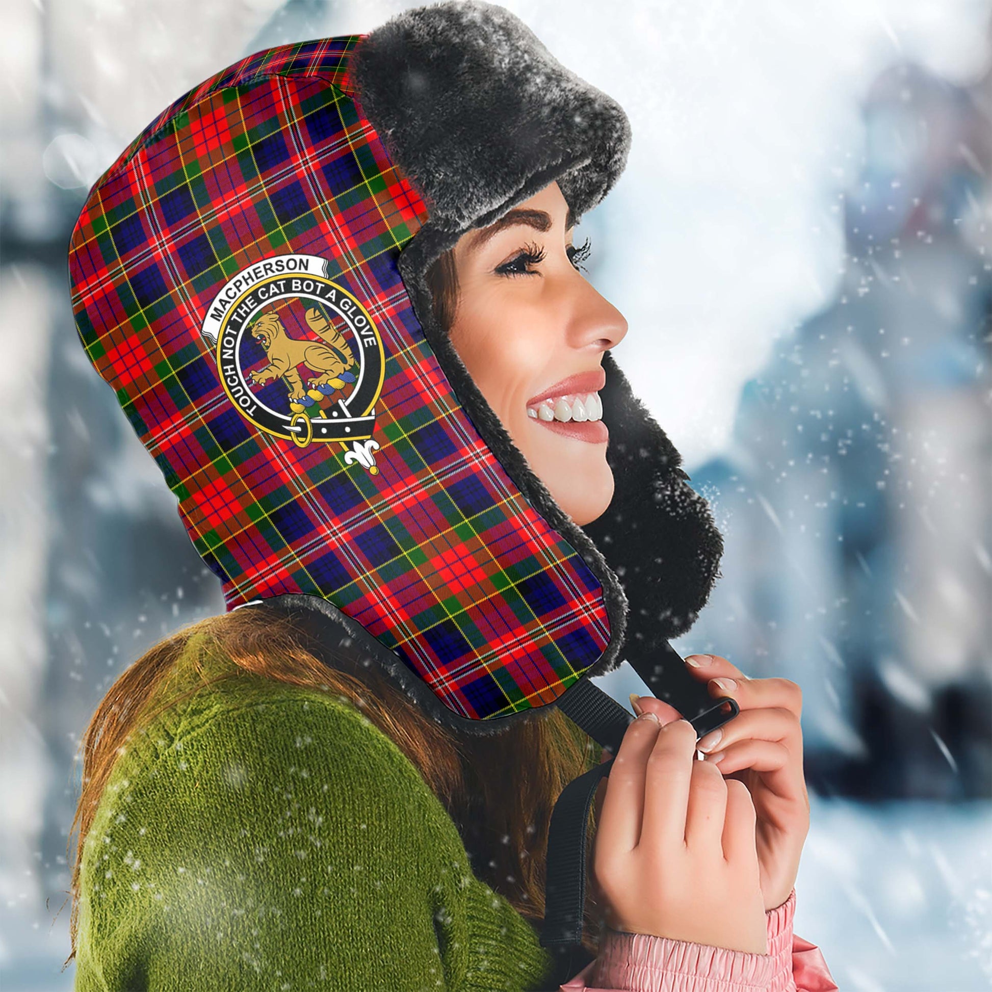 MacPherson Modern Tartan Winter Trapper Hat with Family Crest Winter Trapper Hat Universal Fit Circumference 22.8in (58cm) - Tartanvibesclothing