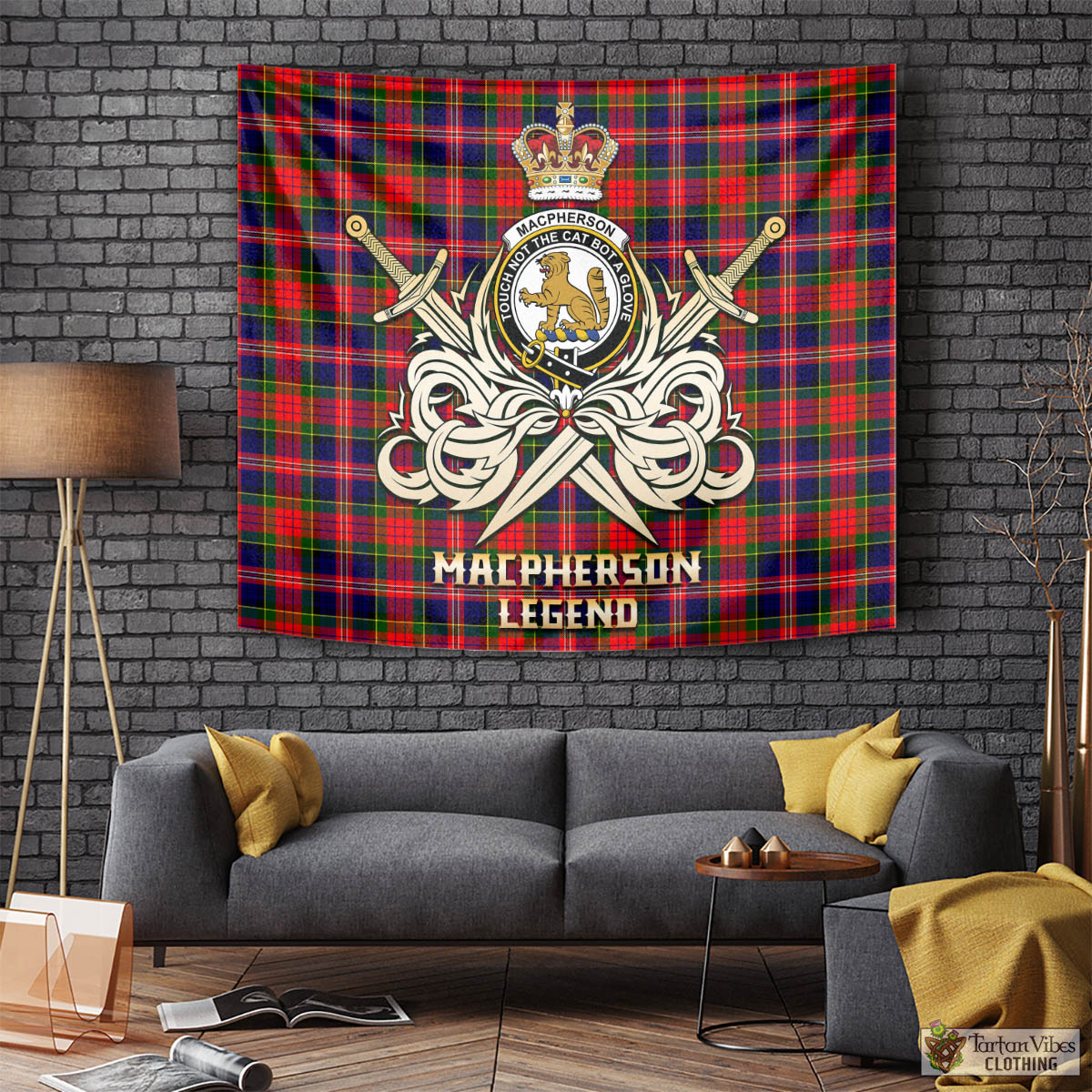 Tartan Vibes Clothing MacPherson Modern Tartan Tapestry with Clan Crest and the Golden Sword of Courageous Legacy