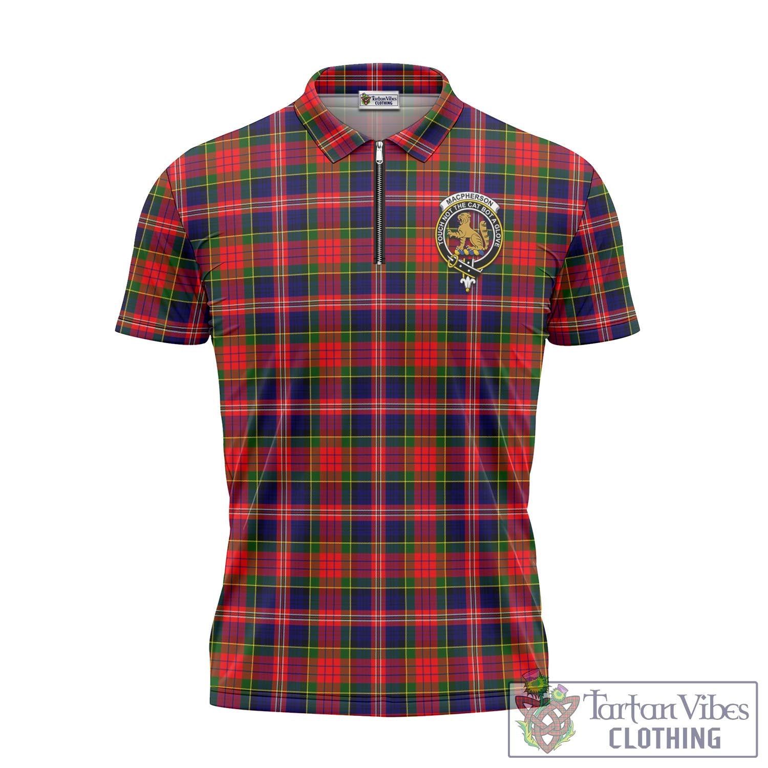 Tartan Vibes Clothing MacPherson Modern Tartan Zipper Polo Shirt with Family Crest
