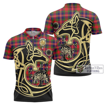 MacPherson Modern Tartan Zipper Polo Shirt with Family Crest Celtic Wolf Style