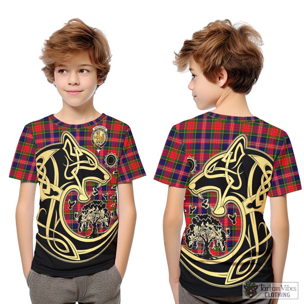 Tartan Vibes Clothing MacPherson Modern Tartan Kid T-Shirt with Family Crest Celtic Wolf Style