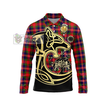 MacPherson Modern Tartan Long Sleeve Polo Shirt with Family Crest Celtic Wolf Style