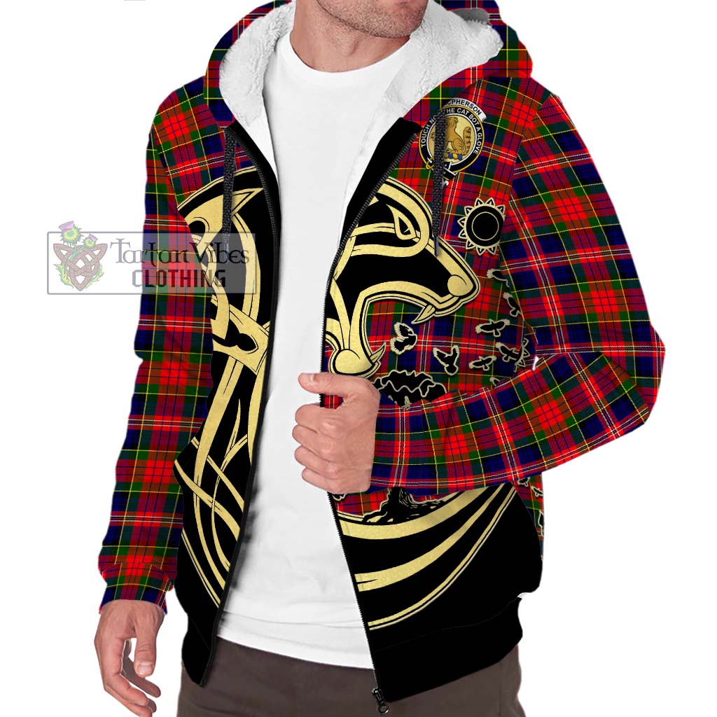 Tartan Vibes Clothing MacPherson Modern Tartan Sherpa Hoodie with Family Crest Celtic Wolf Style