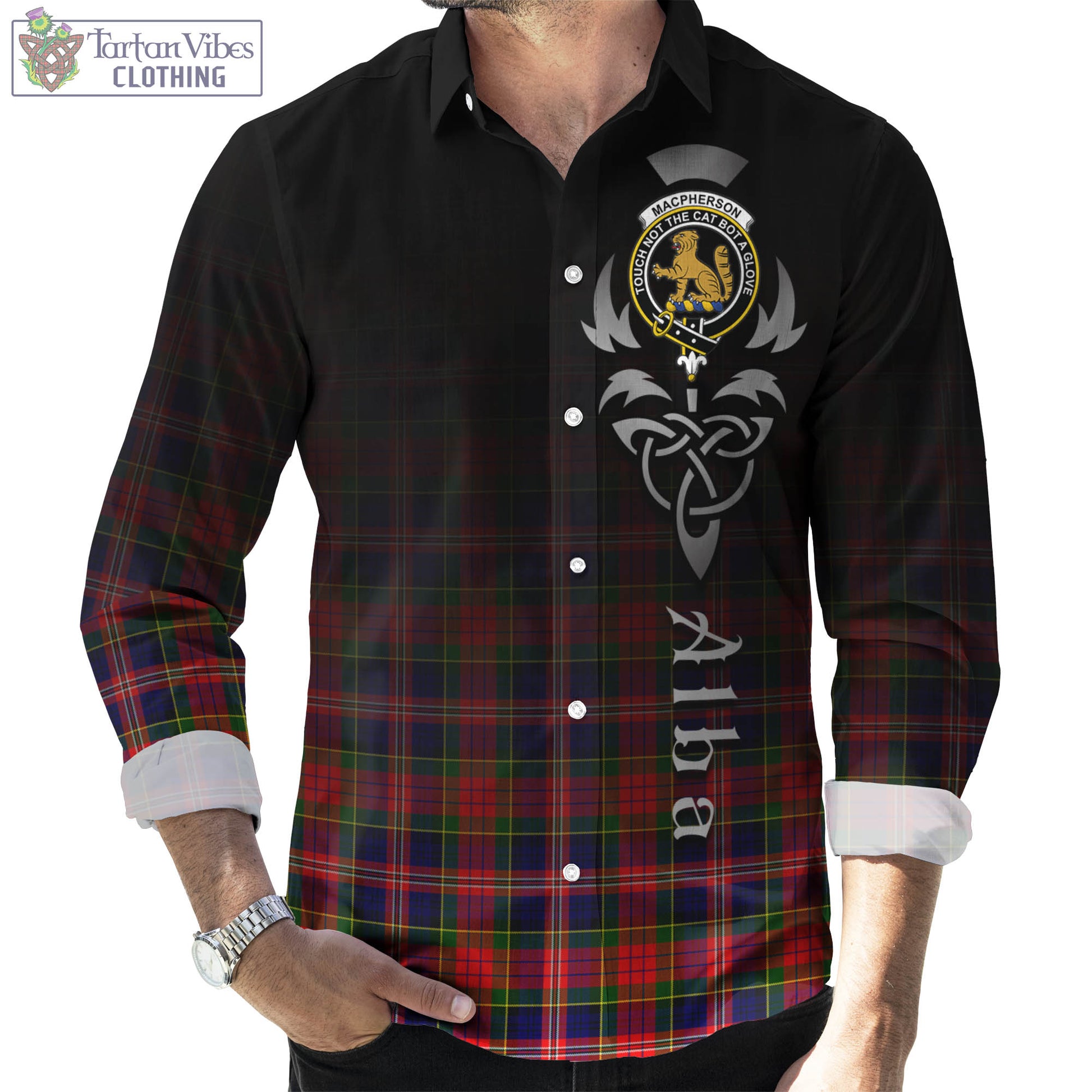 Tartan Vibes Clothing MacPherson Modern Tartan Long Sleeve Button Up Featuring Alba Gu Brath Family Crest Celtic Inspired